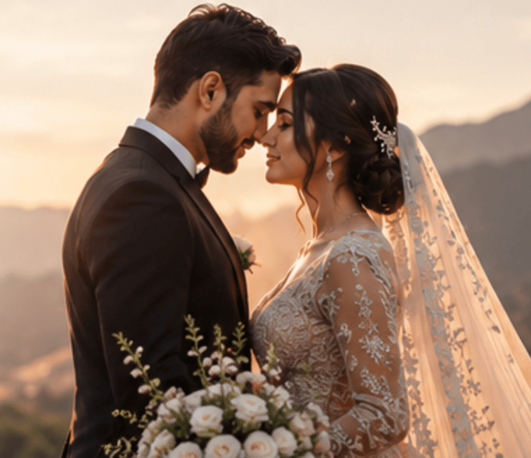 Bride and groom portrait in soft natural light